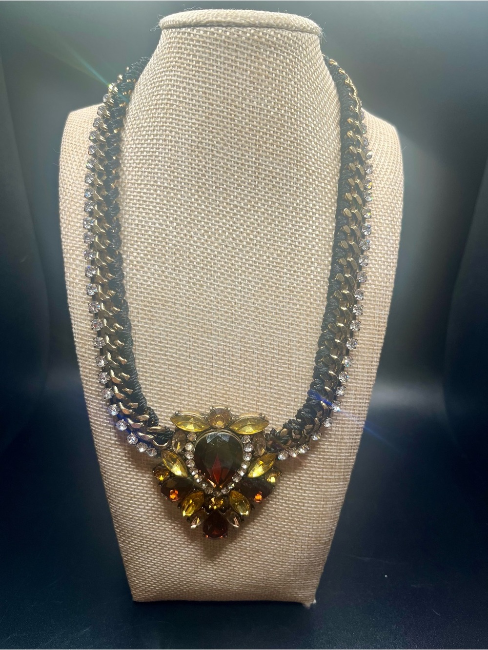ALDO Amber Topaz Rhinestone Statement Bib Necklace Gold Tone Braided Chain